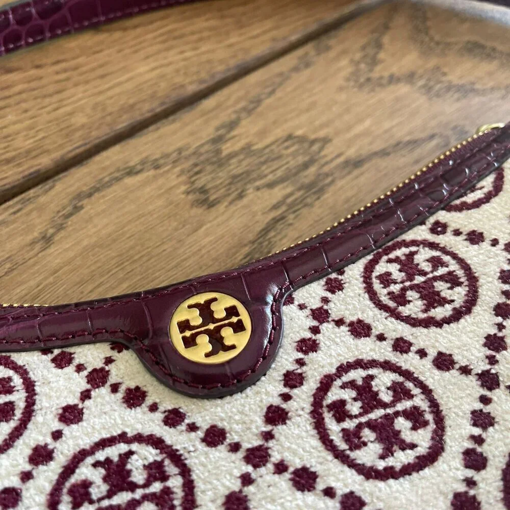 NWT! NEW! Tory Burch T MONOGRAM CHENILLE STUDIO BAG -Claret